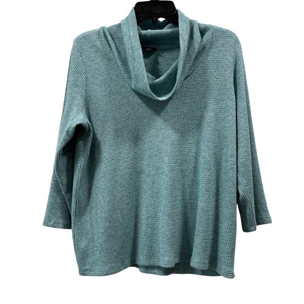 J. Jill Teal Green Waffle Knit Turtleneck 3/4 Sleeve Sweater Size MP Petite